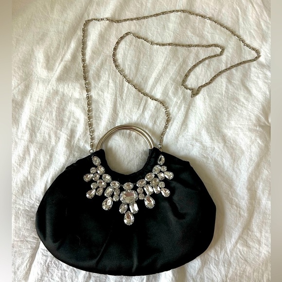 Lulu Townsend Black Satin w/ Rhinestones Glamour Party Handbag Chain Belt - Picture 1 of 6